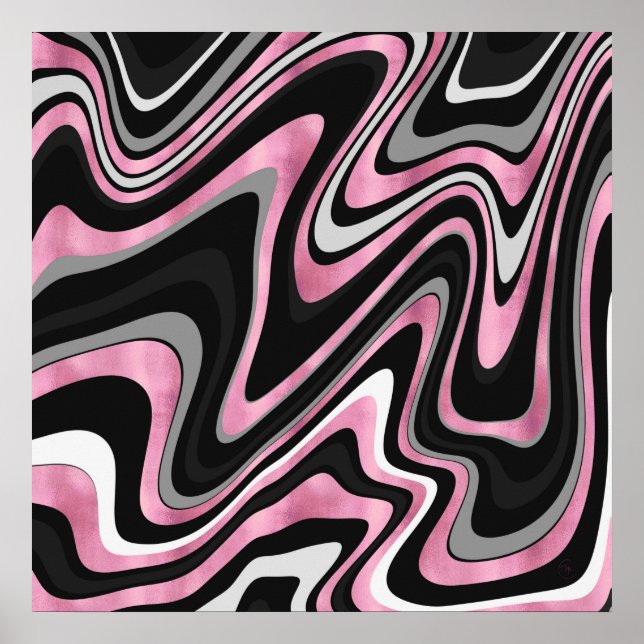 Retro Black Pink Wavy Lines Modern Design Poster (Front)