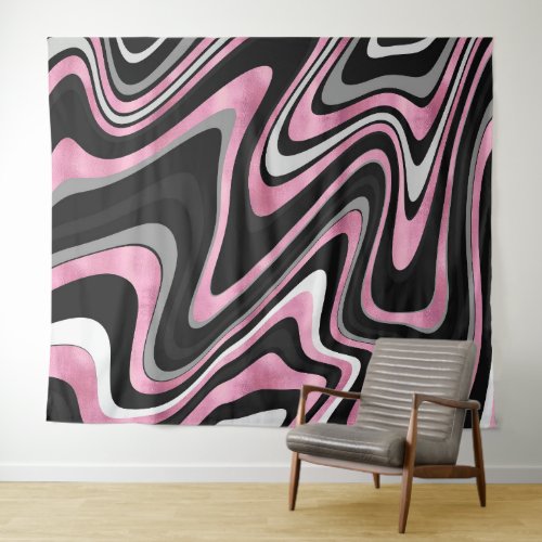 Retro Black Pink Wavy Lines Modern Design Tapestry