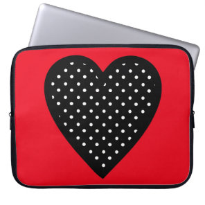 Retro Black Polka Dot Heart on Red Background Laptop Sleeve