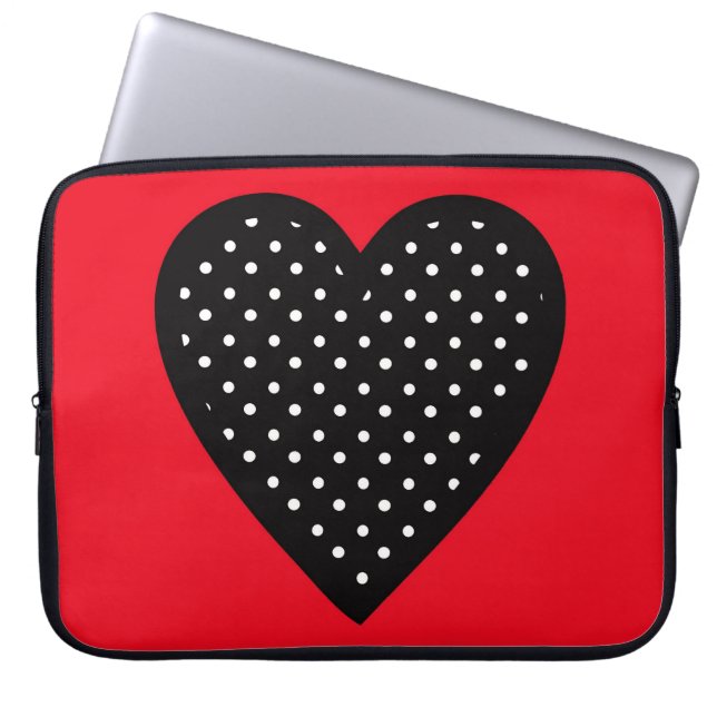 Retro Black Polka Dot Heart on Red Background Laptop Sleeve (Front)