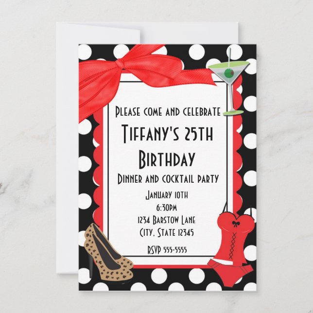 Retro black  polka dot party cocktail invitation (Front)