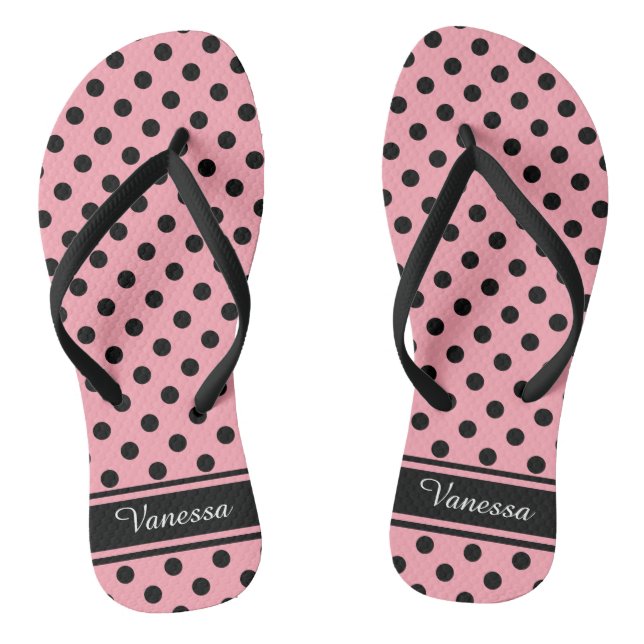 Retro Black Polka Dots Monogram Flip Flops (Footbed)