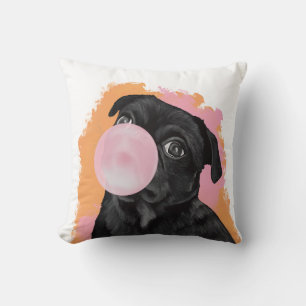 Retro Black Pug Pink Bubblegum Throw Pillow