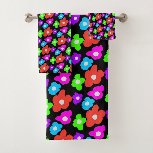 Retro Black Rainbow Colorful Flowers Pattern Bath Towel Set (Insitu)