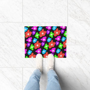 Retro Black Rainbow Colorful Flowers Pattern Doormat