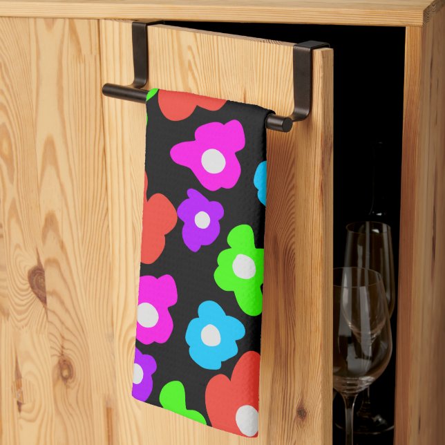Retro Black Rainbow Colorful Flowers Pattern Kitchen Towel (Thirds Fold)
