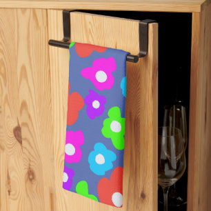 Retro Black Rainbow Colorful Flowers Pattern Kitchen Towel
