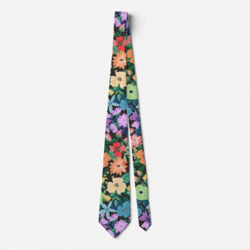 Retro Black Rainbow Flowers Pattern Neck Tie