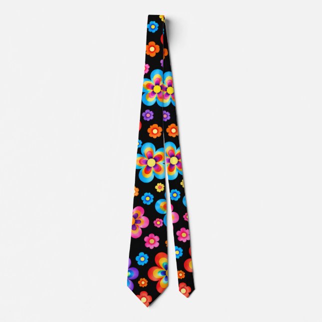 Retro Black Rainbow Flowers Pattern Neck Tie (Front)