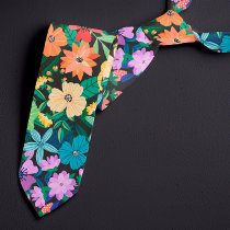 Retro Black Rainbow Flowers Pattern Neck Tie