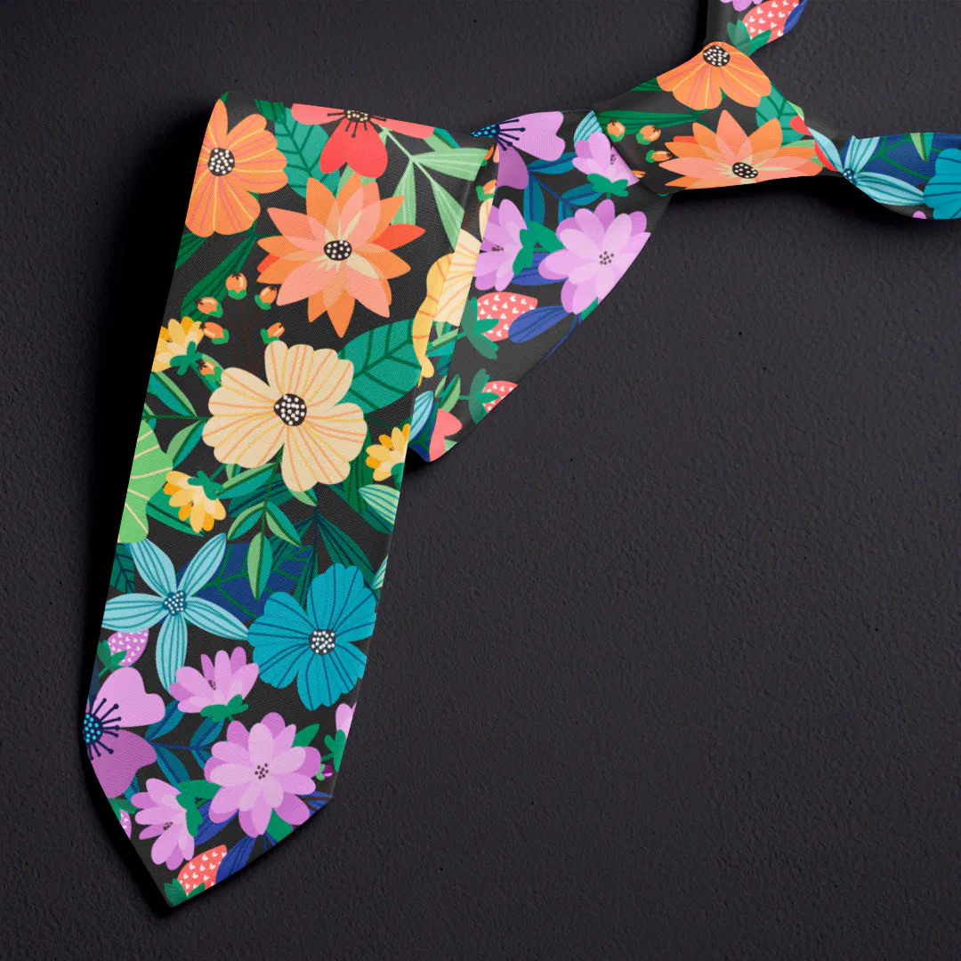 Retro Black Rainbow Flowers Pattern Neck Tie
