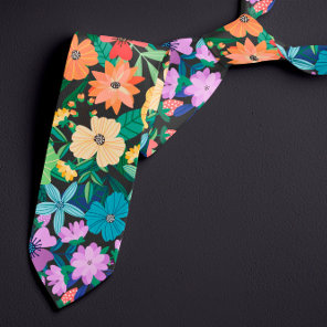 Retro Black Rainbow Flowers Pattern Neck Tie