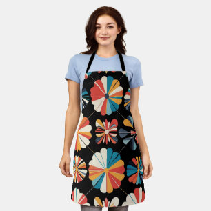 Retro Black Rainbow geometric Flowers Pattern Apron