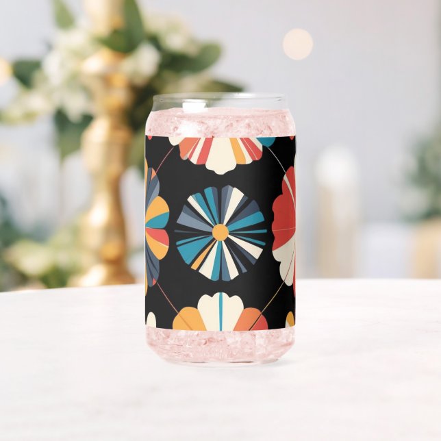 Retro Black Rainbow geometric Flowers Pattern  Can Glass (Insitu (Wedding))