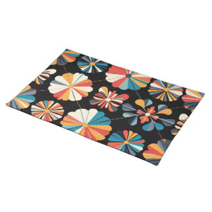 Retro Black Rainbow geometric Flowers Pattern Cloth Placemat