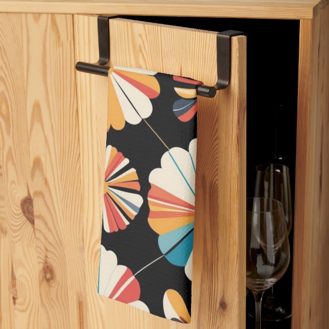 Retro Black Rainbow geometric Flowers Pattern  Kitchen Towel (Thirds Fold)