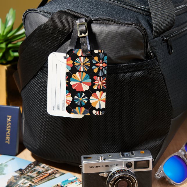 Retro Black Rainbow geometric Flowers Pattern  Luggage Tag (Front & Back)