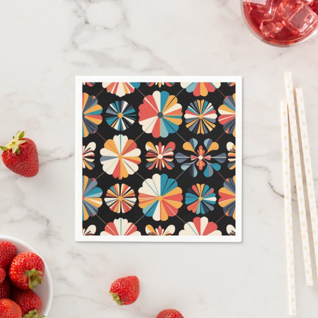 Retro Black Rainbow geometric Flowers Pattern  Napkins (Insitu)