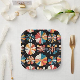 Retro Black Rainbow geometric Flowers Pattern Paper Plates