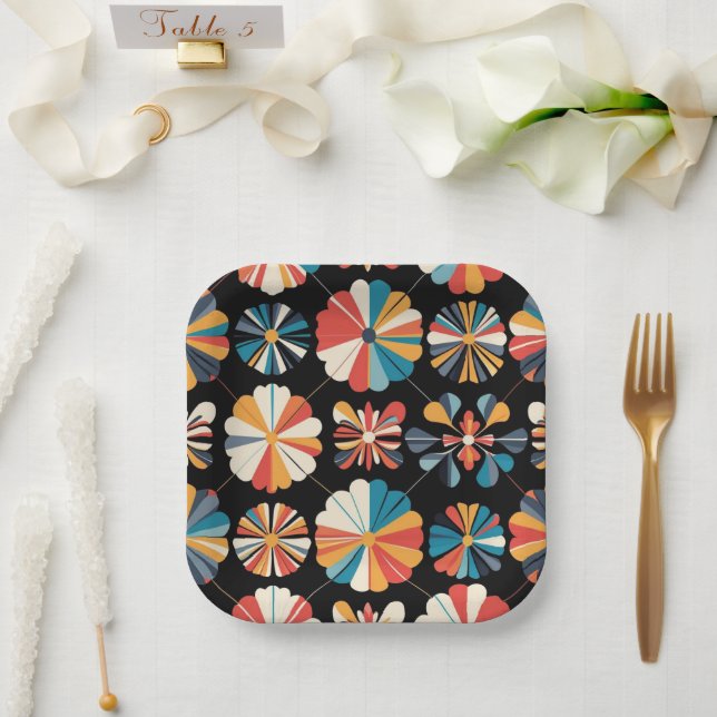 Retro Black Rainbow geometric Flowers Pattern  Paper Plates (Wedding)