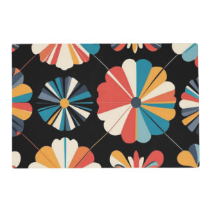 Retro Black Rainbow geometric Flowers Pattern  Placemat