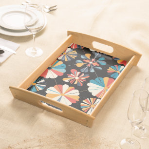 Retro Black Rainbow geometric Flowers Pattern Serving Tray