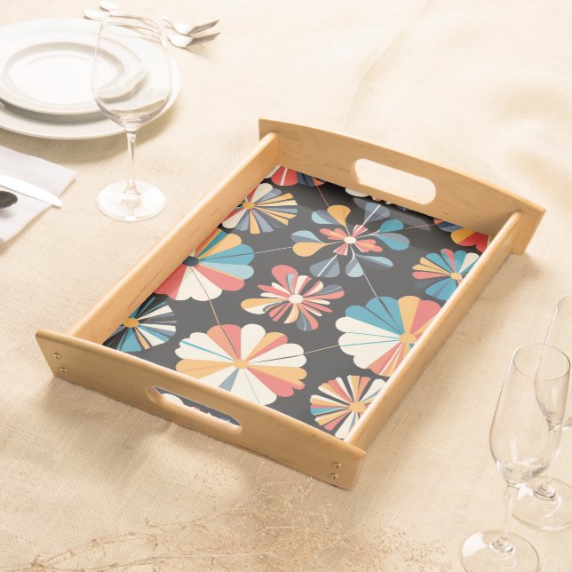 Retro Black Rainbow geometric Flowers Pattern  Serving Tray (Front)