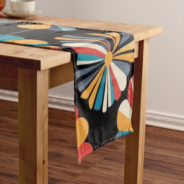 Retro Black Rainbow geometric Flowers Pattern  Short Table Runner (In Situ)