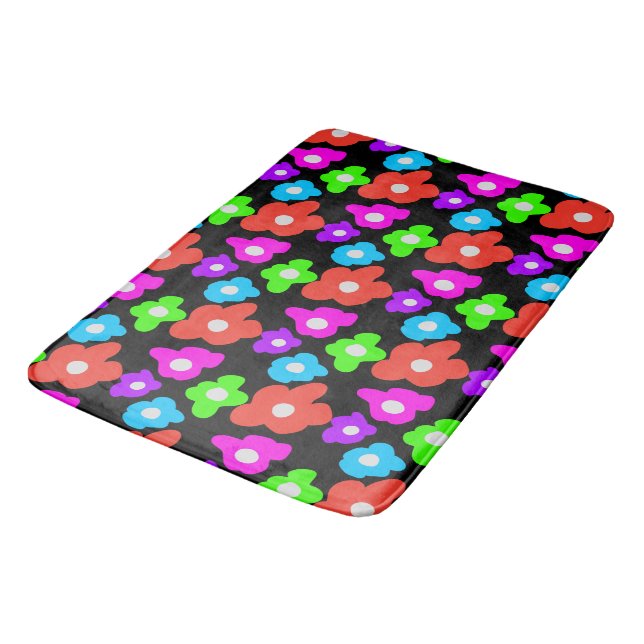 Retro Black Rainbow pride color Flowers Pattern Bath Mat (Angled)