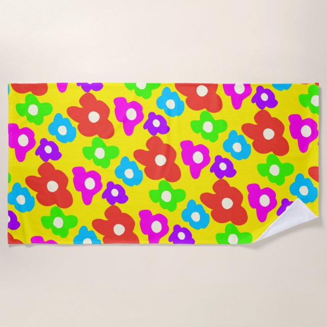 Retro Black Rainbow pride color Flowers Pattern Beach Towel (Front)