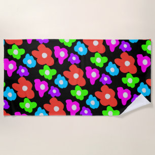 Retro Black Rainbow pride color Flowers Pattern Beach Towel