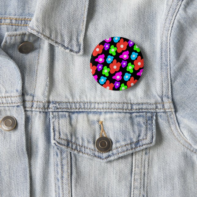 Retro Black Rainbow pride color Flowers Pattern Button (In Situ)