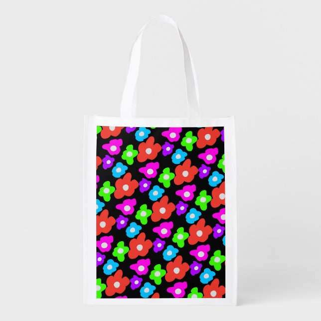 Retro Black Rainbow pride color Flowers Pattern Grocery Bag (Front)