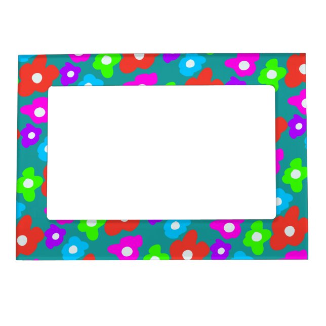 Retro Black Rainbow pride color Flowers Pattern Magnetic Frame (Front)