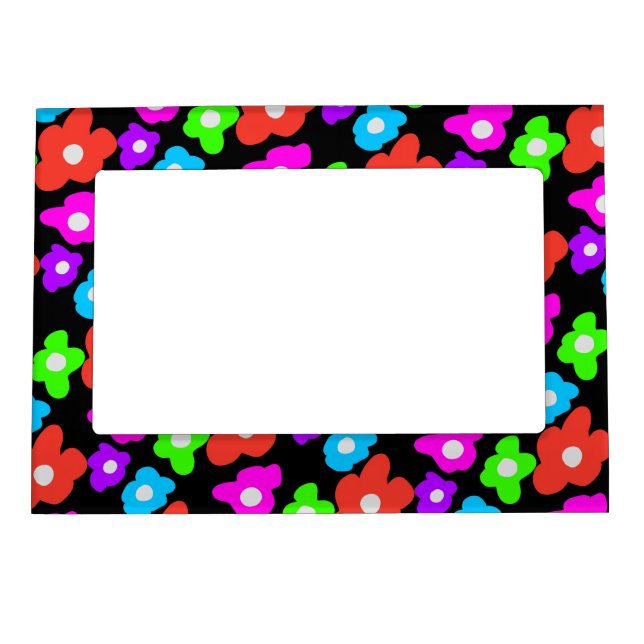Retro Black Rainbow pride color Flowers Pattern Magnetic Frame (Front)