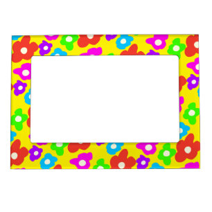 Retro Black Rainbow pride color Flowers Pattern Magnetic Frame