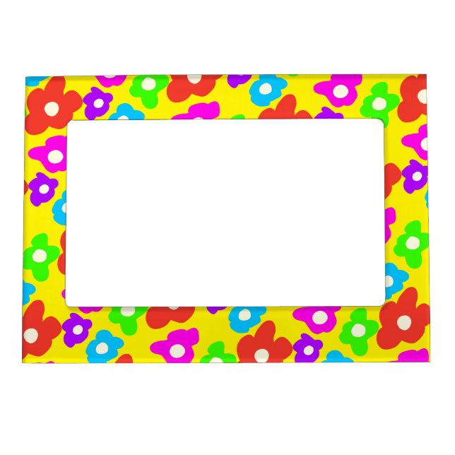 Retro Black Rainbow pride color Flowers Pattern Magnetic Frame (Front)