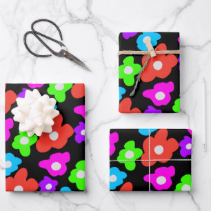 Retro Black Rainbow pride color Flowers Pattern Wrapping Paper Sheets