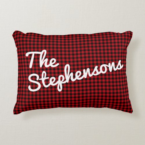 Retro Black Red Buffalo Check Plaid Personalized Accent Pillow