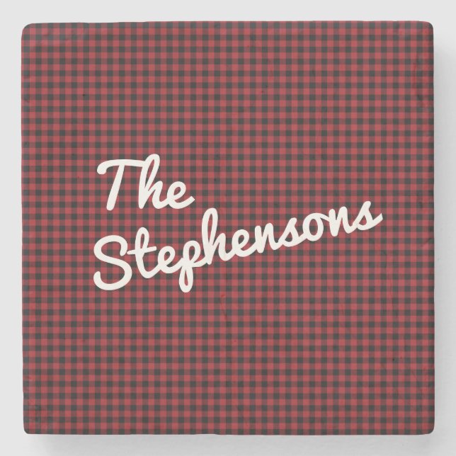 Retro Black Red Buffalo Check Plaid Personalized  Stone Coaster (Front)