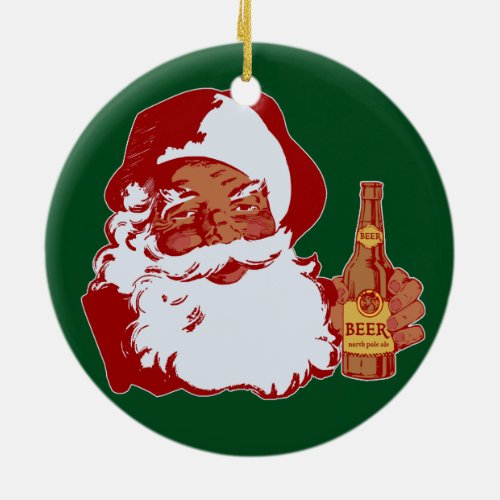Retro Black Santa Claus with Beer Christmas Funny Ceramic Ornament