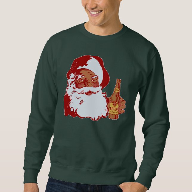 Retro Black Santa Claus with Beer Funny Christmas Sweatshirt (Front)