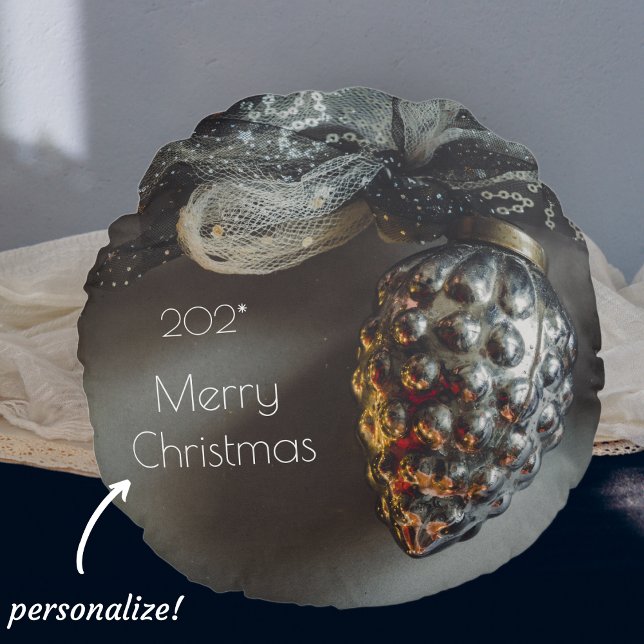 Retro Black Silver Christmas Ornaments with Ribbon Round Pillow (Creator Uploaded)