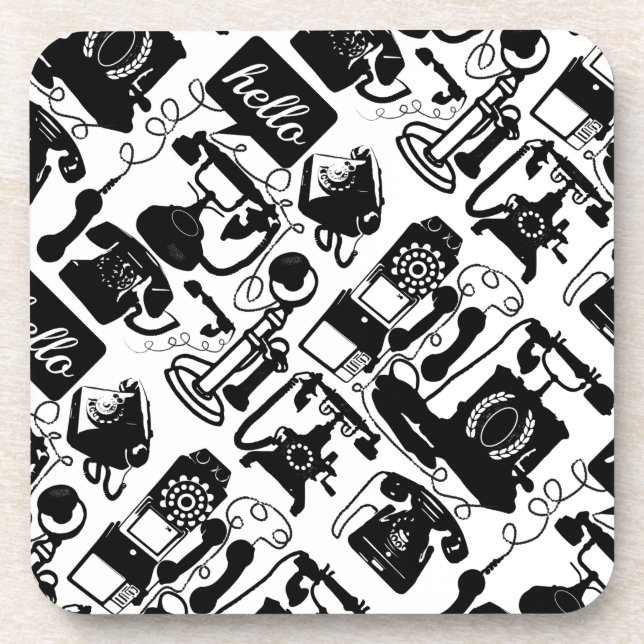 Retro Black Telephone Pattern Beverage Coaster (Front)