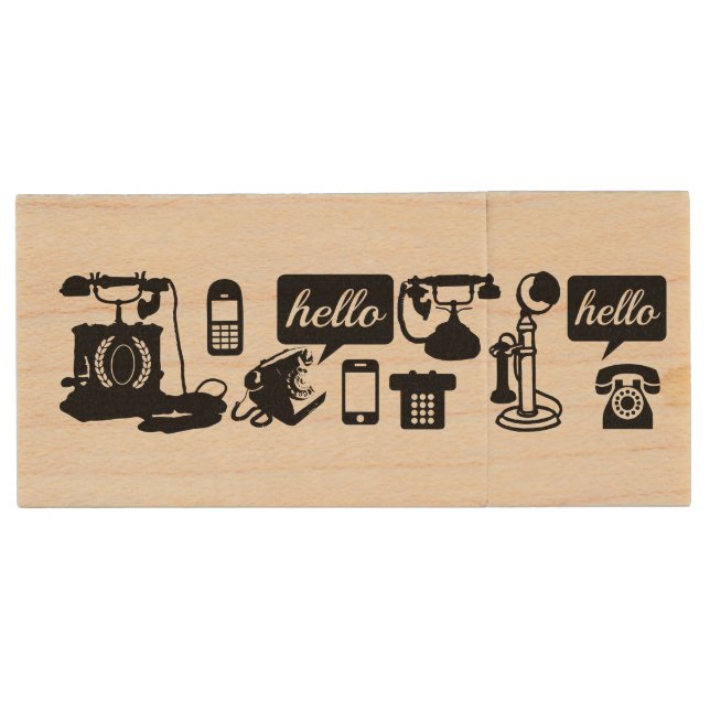 Retro Black Telephone Pattern Wood Flash Drive (Front)