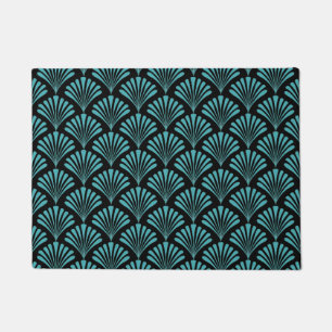 Retro black turquoise art deco fans pattern doormat
