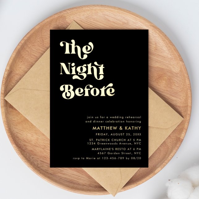 Retro Black Typography Rehearsal Dinner Gold Foil Invitation (Creator Uploaded)