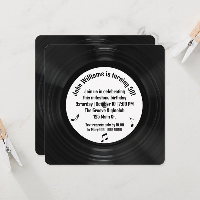 Retro Black Vinyl LP Record 50th Birthday Party Invitation (Front/Back In Situ)