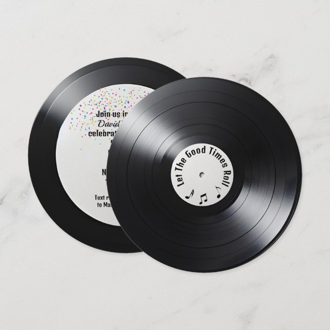 Retro Black Vinyl LP Record Birthday Party Invitation (Front/Back)