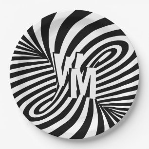 Retro Black White Abstract Zebra Pattern Initials Paper Plates